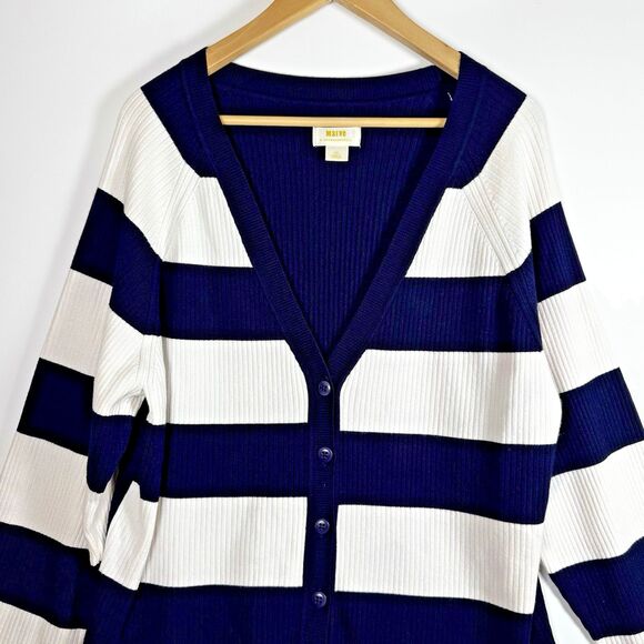 Anthropologie Maeve 3X Ribbed Stripe Cardigan Sweater Navy White Button Front - Picture 2 of 11